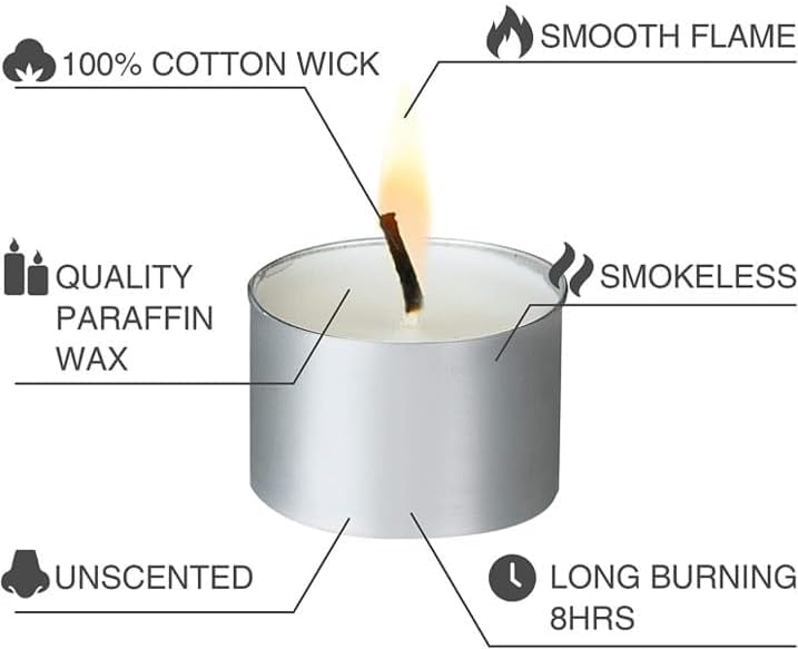 WALMOH White Tealight Candles, Pack of 50, 8 Hour Burn Time, Smokeless, Mini Paraffin Votive Candles with Cotton Wicks