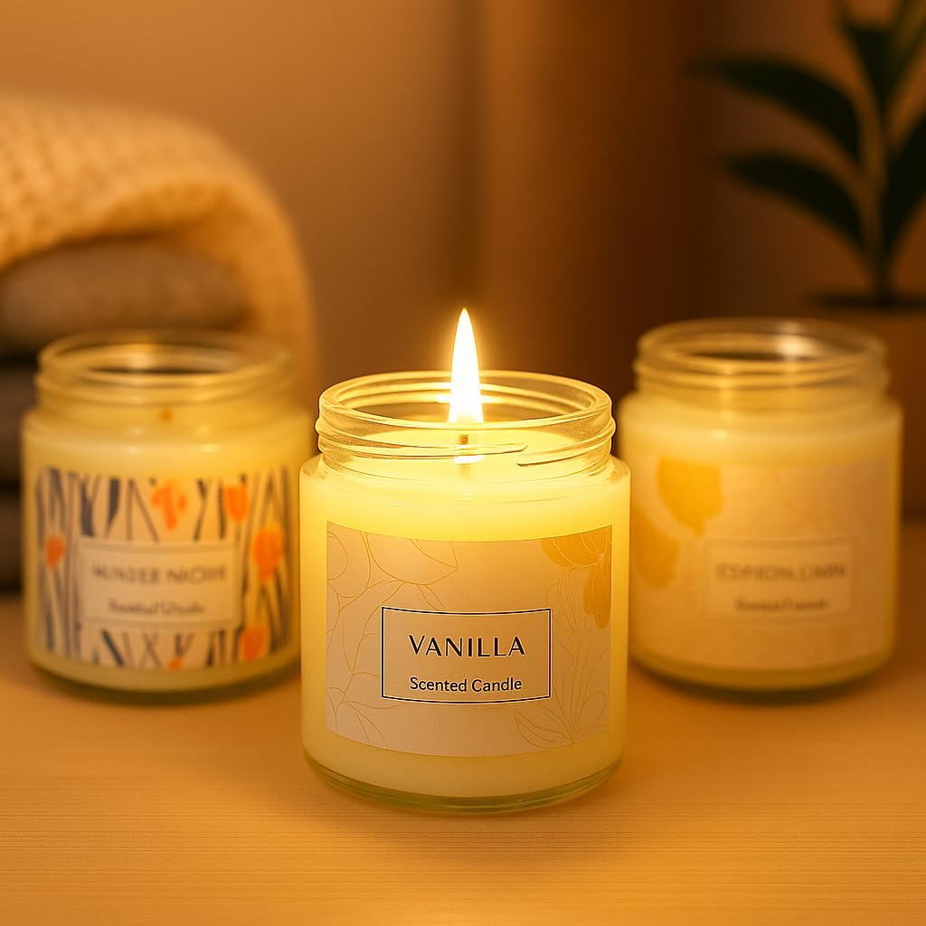 WALMOH Scented Aromatheropy Candles Set pack of 3 Jar, Winter Night, Vanilla, Cotton Linen, 6cm x 6cm, 40 Hours Burn Time, Flameless Candles