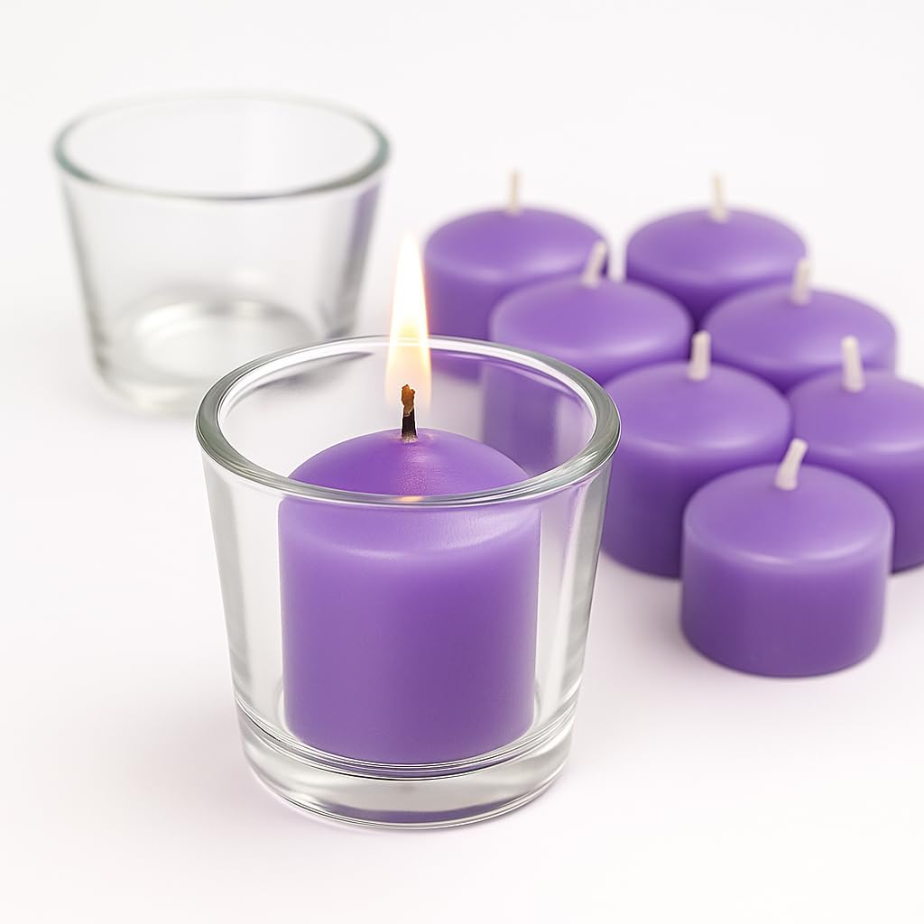 WALMOH Scented Tealight Candles Set, 25g Each, 15+ Hours Burn Time, Pack of 8 with Glass pot Holder (Lavender)