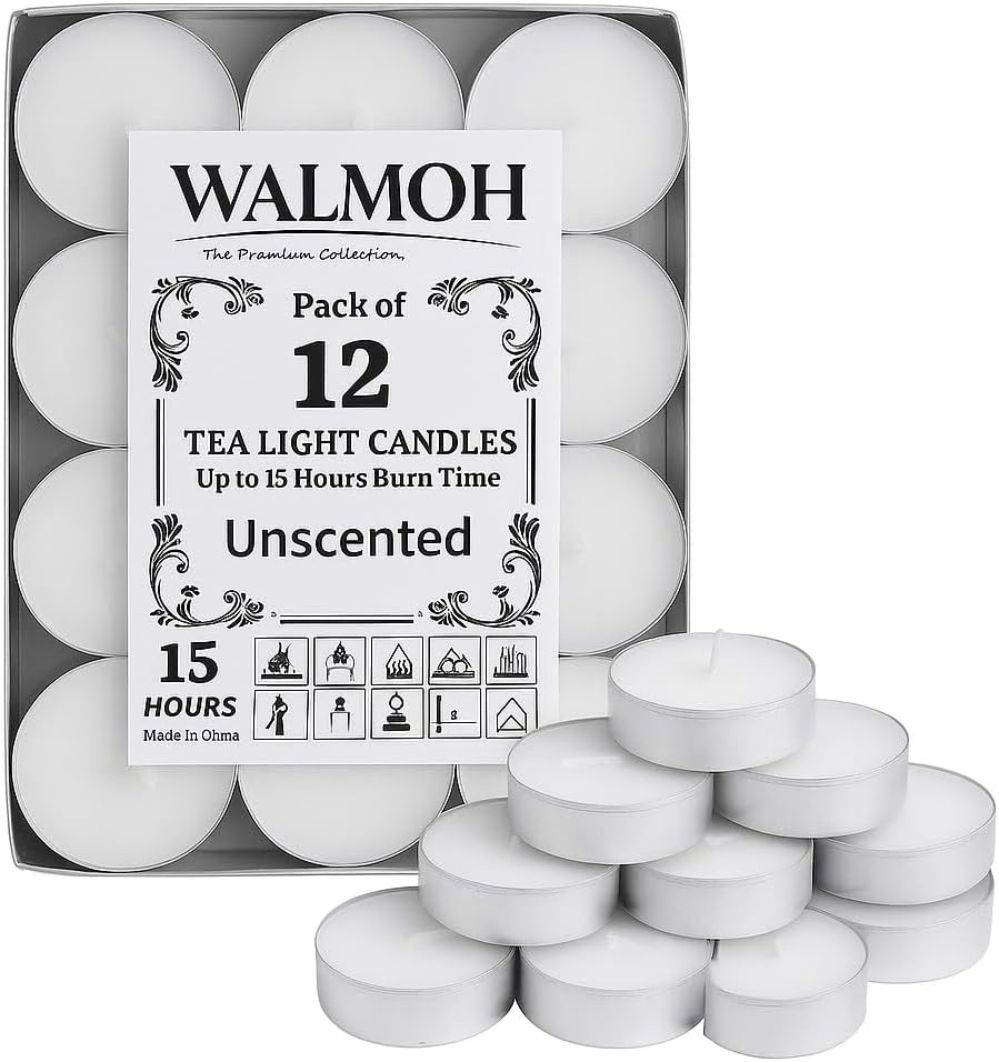 WALMOH Tea Light Candles, Unscented, upto 15 Hours Burn Time, 5.5cm x 2cm, 39g, White (Premium Serires Candles)