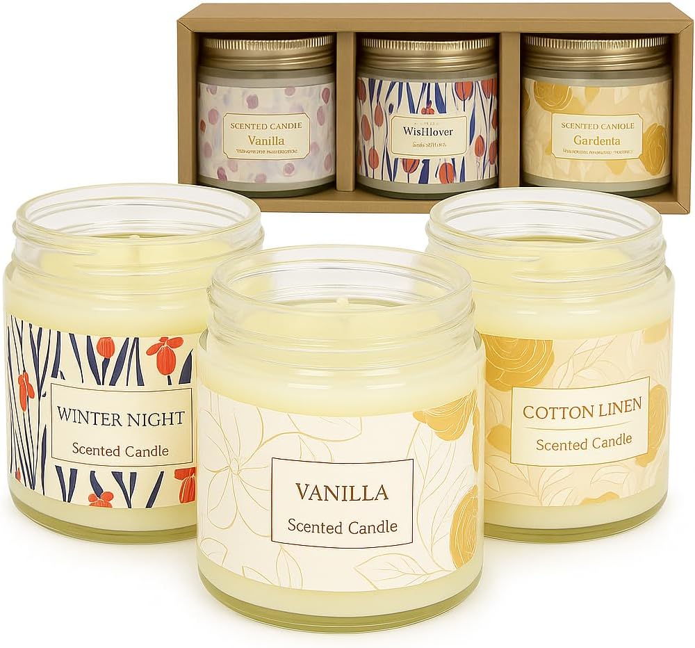 WALMOH Scented Aromatheropy Candles Set pack of 3 Jar, Winter Night, Vanilla, Cotton Linen, 6cm x 6cm, 40 Hours Burn Time, Flameless Candles