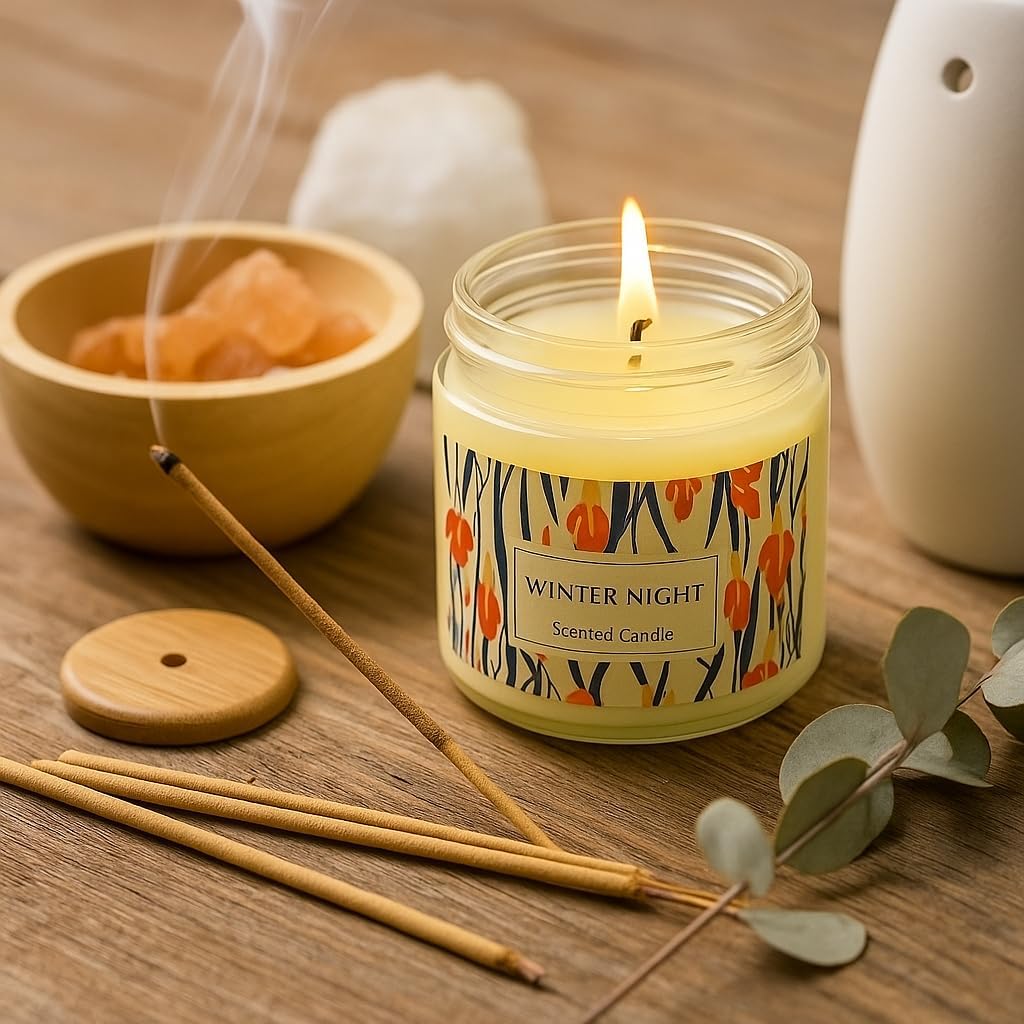 WALMOH Scented Aromatheropy Candles Set pack of 3 Jar, Winter Night, Vanilla, Cotton Linen, 6cm x 6cm, 40 Hours Burn Time, Flameless Candles