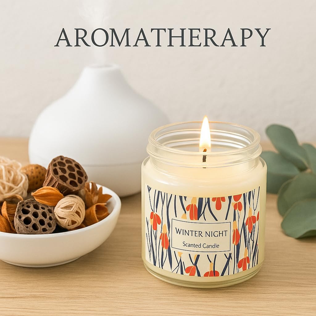 WALMOH Scented Aromatheropy Candles Set pack of 3 Jar, Winter Night, Vanilla, Cotton Linen, 6cm x 6cm, 40 Hours Burn Time, Flameless Candles