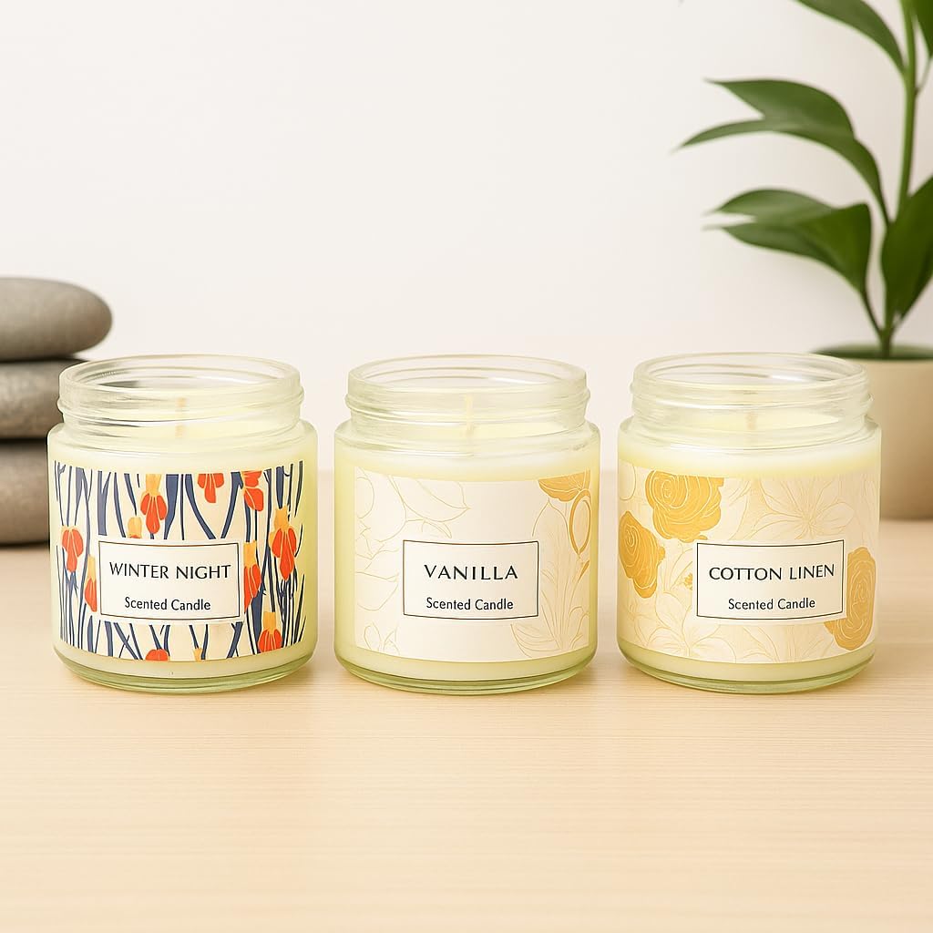 WALMOH Scented Aromatheropy Candles Set pack of 3 Jar, Winter Night, Vanilla, Cotton Linen, 6cm x 6cm, 40 Hours Burn Time, Flameless Candles