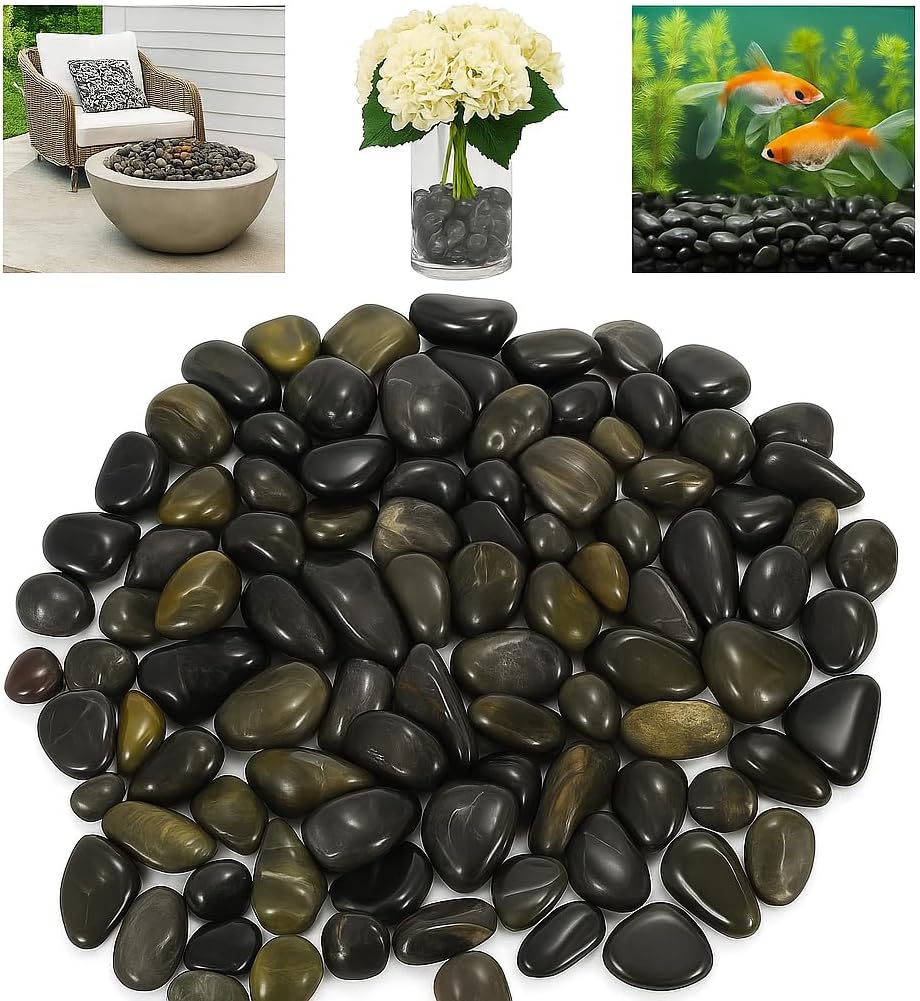WALMOH Aquarium Gravel River Rock - Natural Highly Premium Polished Decorative Gravel, for Aquariums, Landscaping, Vase Fillers 1 KG (Tiger Black Gold)