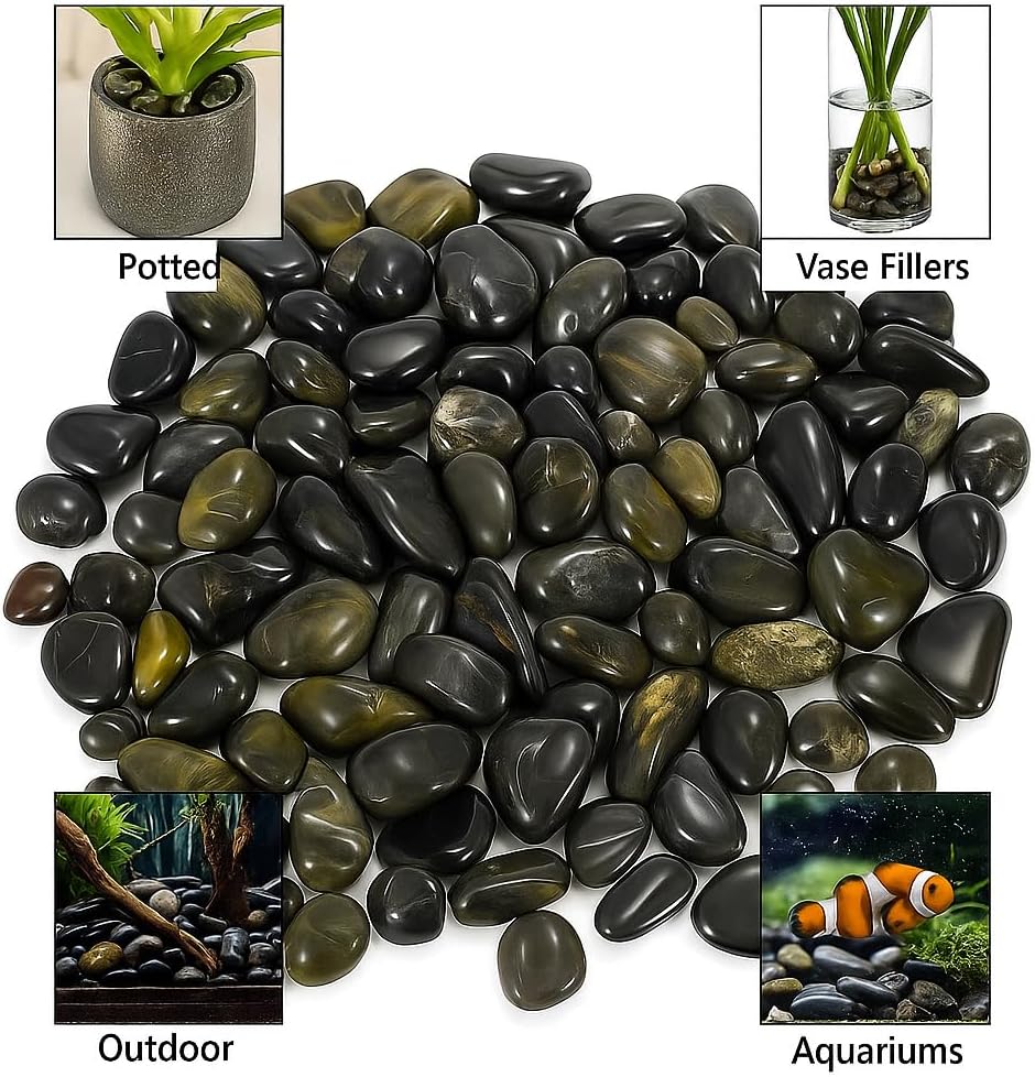 WALMOH Aquarium Gravel River Rock - Natural Highly Premium Polished Decorative Gravel, for Aquariums, Landscaping, Vase Fillers 1 KG (Tiger Black Gold)