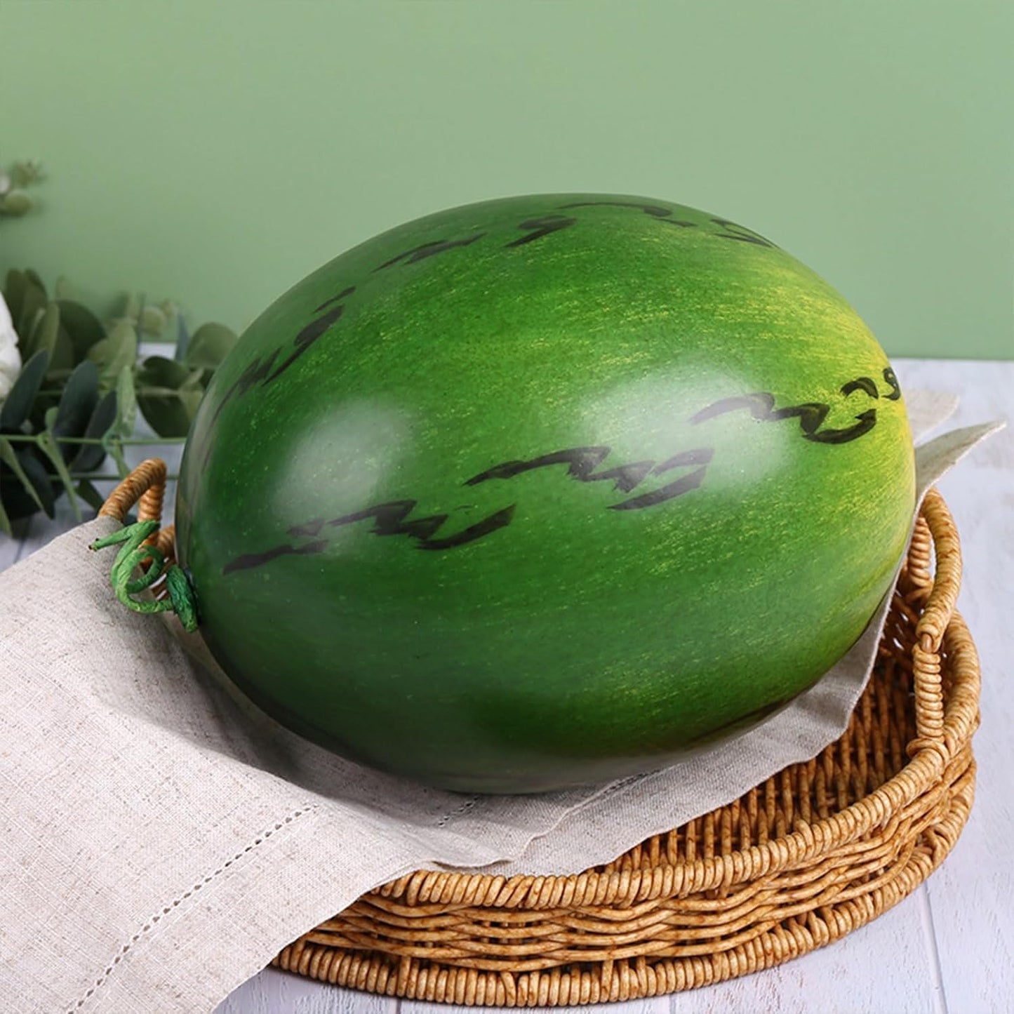 WALMOH Artificial Watermelon Decoration, 24 cm Diameter, Realistic Green Simulation Fruit, Perfect for Home Decor, Feels like Real and Fresh.