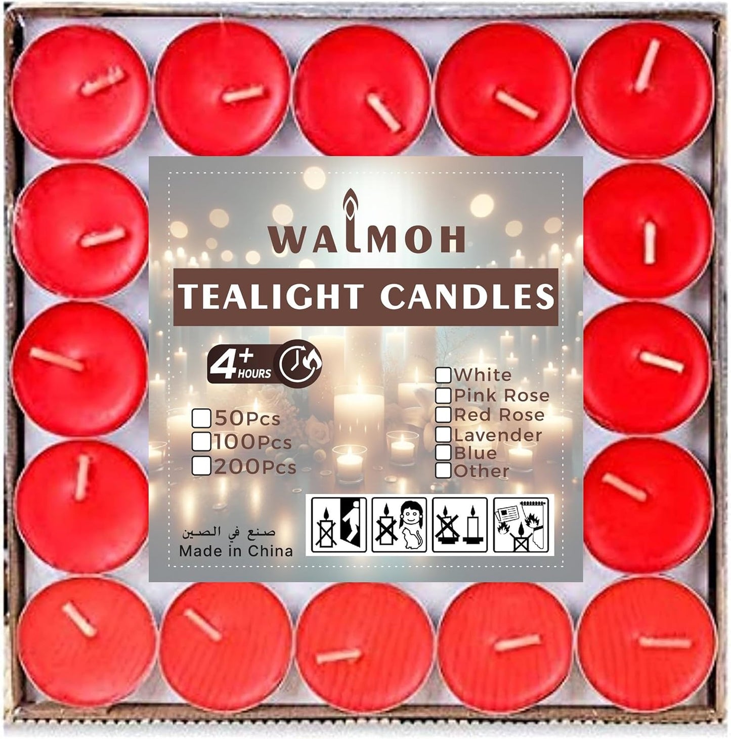 WALMOH Tea Light Candles, Decorative & Festive, RED, Pack of 50, upto 4 Hours Burning Time