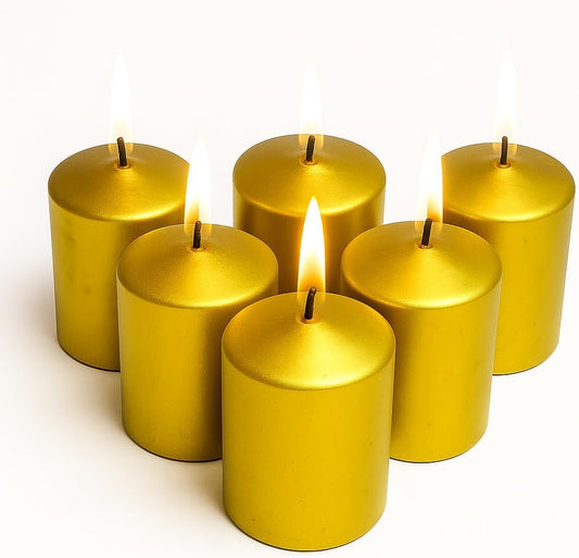Walmoh Light Scented Pillar Candle, 4.5cm x 6cm, 70gram, upto 35 hours Burn Time, Pack of 6, Premium Quality Candles, Glitter Gold