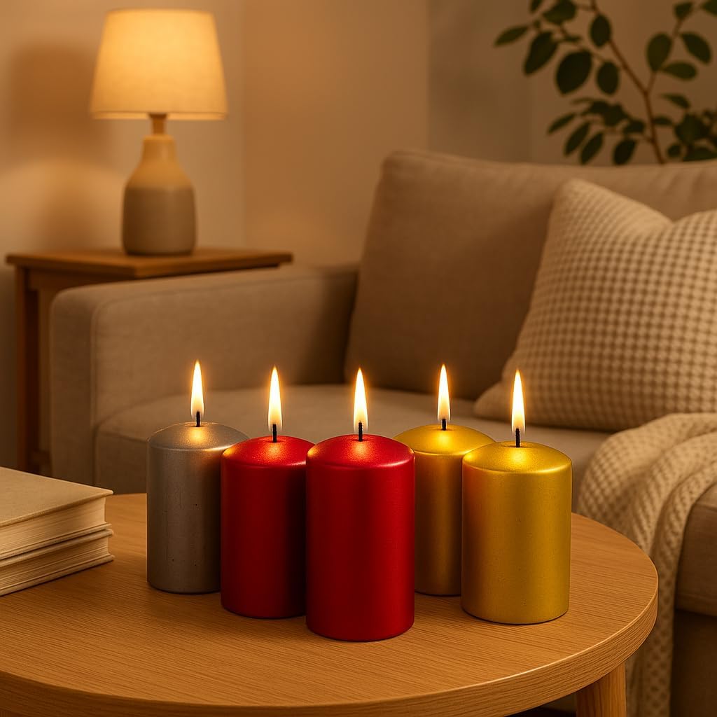 Walmoh Light Scented Pillar Candle, 4.5cm x 6cm, 70gram, upto 35 hours Burn Time, Pack of 6, Premium Quality Candles, Silver Glitter