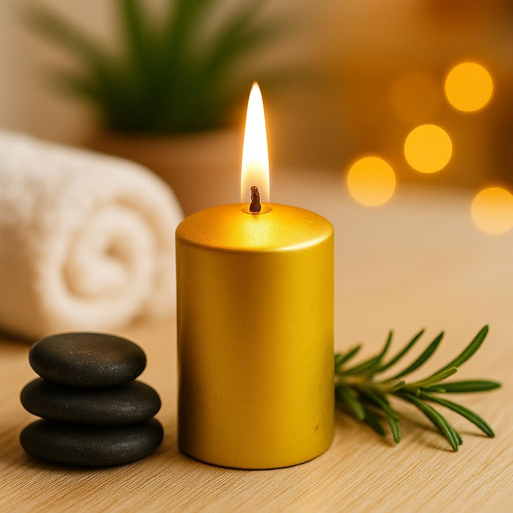 Walmoh Light Scented Pillar Candle, 4.5cm x 6cm, 70gram, upto 35 hours Burn Time, Pack of 6, Premium Quality Candles, Glitter Gold