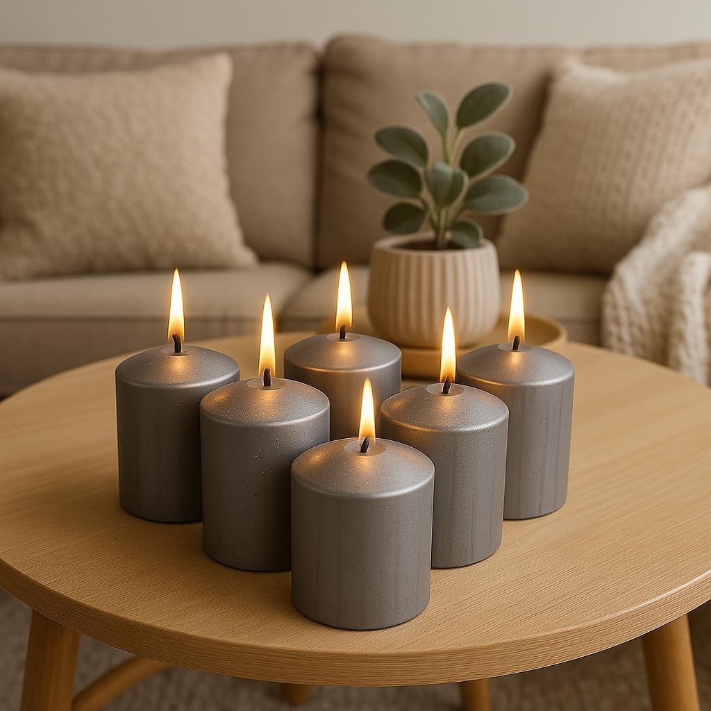 Walmoh Light Scented Pillar Candle, 4.5cm x 6cm, 70gram, upto 35 hours Burn Time, Pack of 6, Premium Quality Candles, Silver Glitter