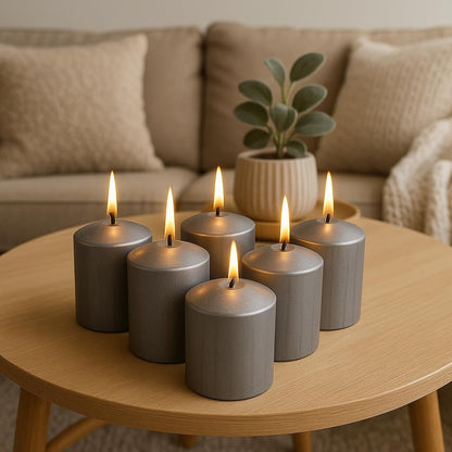 Walmoh Light Scented Pillar Candle, 4.5cm x 6cm, 70gram, upto 35 hours Burn Time, Pack of 6, Premium Quality Candles, Silver Glitter