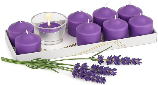 WALMOH Scented Tealight Candles Set, 25g Each, 15+ Hours Burn Time, Pack of 8 with Glass pot Holder (Lavender)