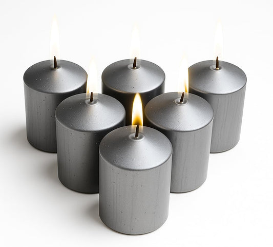 Walmoh Light Scented Pillar Candle, 4.5cm x 6cm, 70gram, upto 35 hours Burn Time, Pack of 6, Premium Quality Candles, Silver Glitter