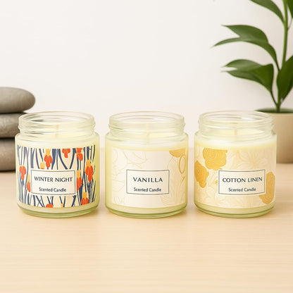 WALMOH Scented Aromatheropy Candles Set pack of 3 Jar, Winter Night, Vanilla, Cotton Linen, 6cm x 6cm, 40 Hours Burn Time, Flameless Candles