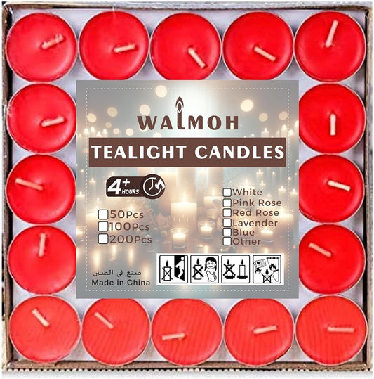 WALMOH 100 Pcs Tea Light Candles, Decorative & Festive, RED, Pack of 100, upto 4 Hours Burning Time
