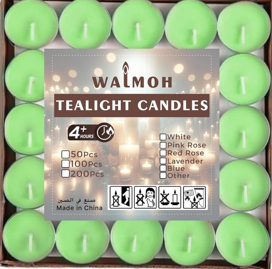 WALMOH Tea Light Candles, Decorative & Festive, GREEN, Pack of 50, 4 Hours Burning Time