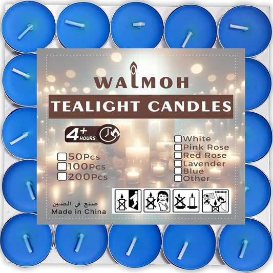 WALMOH Tea Light Candles, Decorative & Festive, Blue, Pack of 50, 4 Hours Burn Time