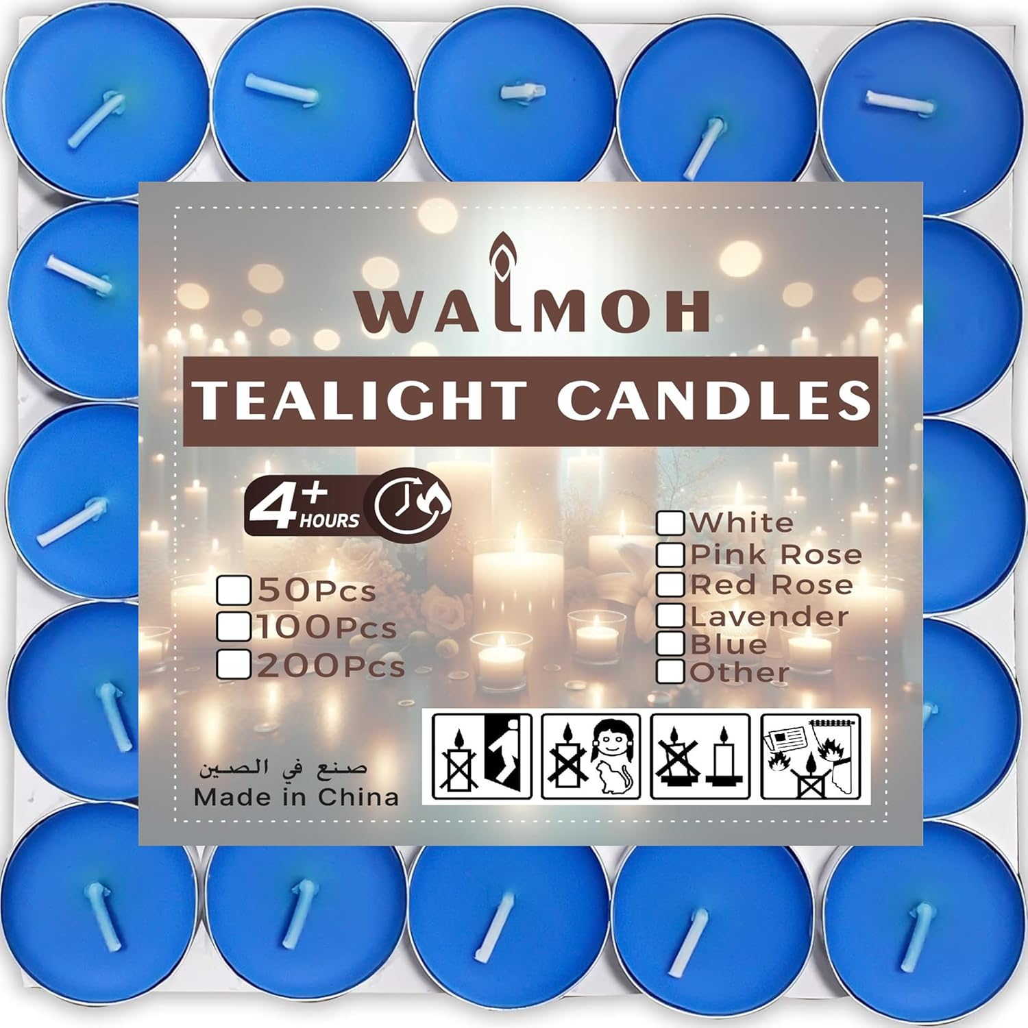 WALMOH Tea Light Candles, Decorative & Festive, Blue, Pack of 50, 4 Hours Burn Time