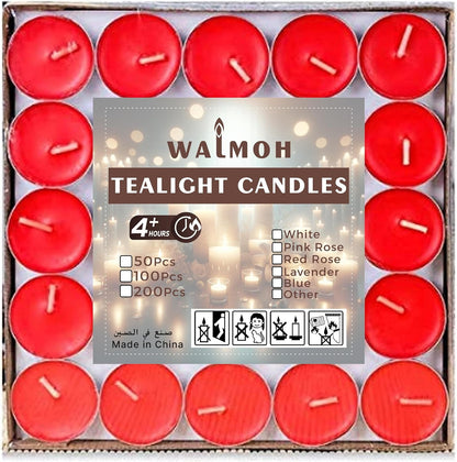 WALMOH Tea Light Candles, Decorative & Festive, RED, Pack of 50, upto 4 Hours Burning Time